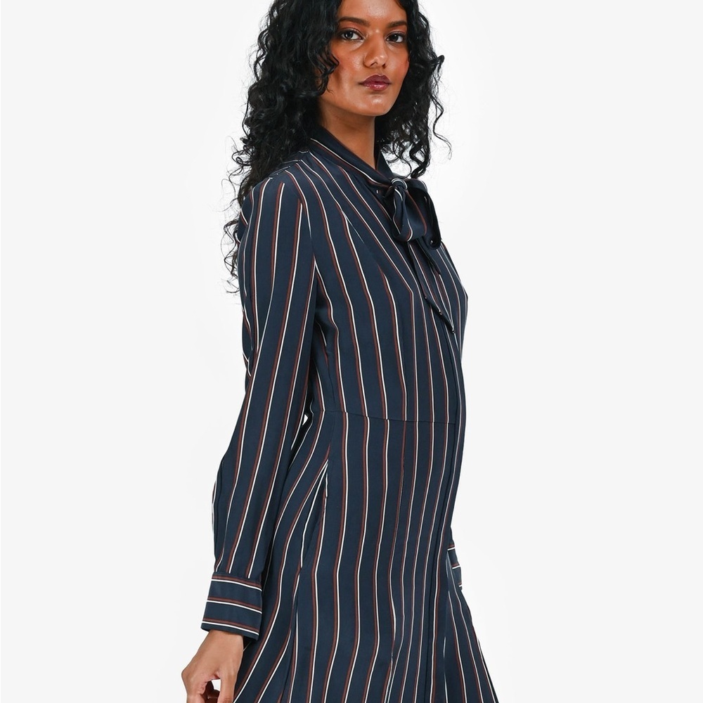 Frame Navy Blue Striped Silk Tie Neck Long Sleeve Midi Shirt Dress - Medium - Picture 2 of 8